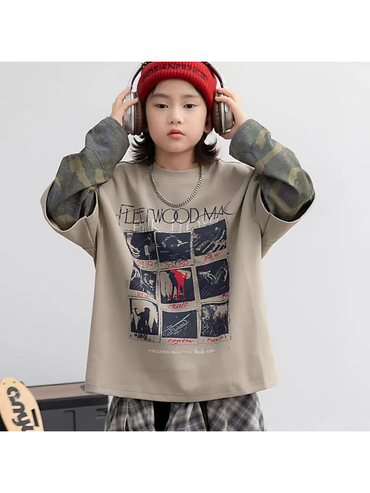 

Boys' Long Sleeved Patchwork T-shirt 2025 Spring and Autumn New Personalized Trendy Cotton Top Printed Base Shirt for Children