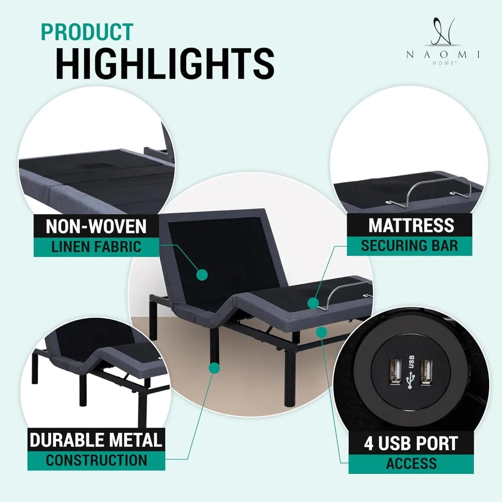 إطار سرير مزدوج الحجم قابل للتعديل مع دعم قطني، إمالة الرأس والقدم، تدليك الظهر والساق، منافذ USB، ميزات سرير التدليك #3