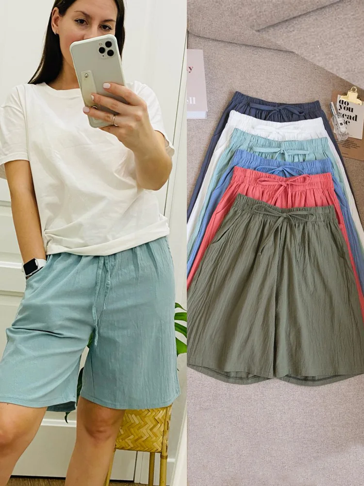 2024 Women Cotton shorts Summer Casual Solid Cotton Linen shorts high waist loose shorts for girls Soft Cool female shorts