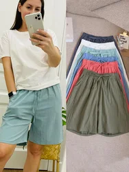 Pantalones cortos de algodón y lino para mujer, shorts holgados de cintura alta, informales, suaves y frescos, verano, 2024