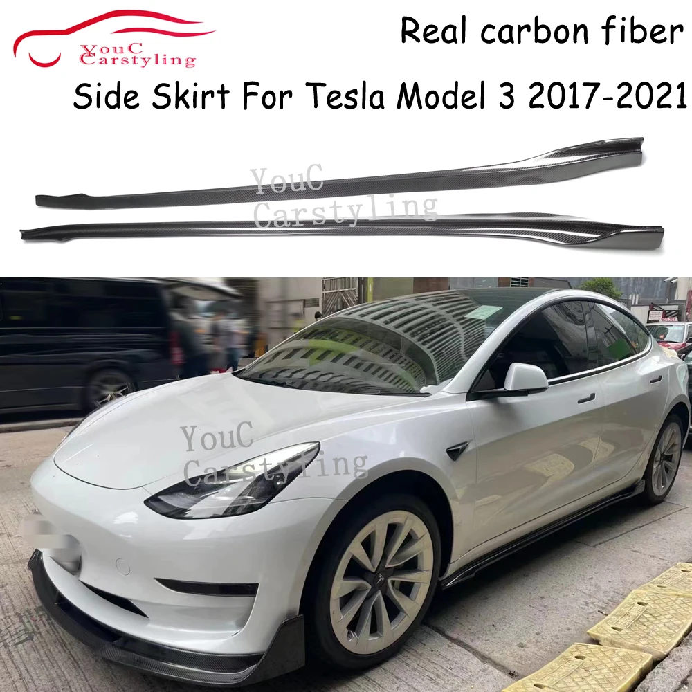 V Style Real Carbon Fiber Side Skirt Bumper Lip Splitter Side Skirts For Tesla Model3 4-Door Sedan 2017-2021