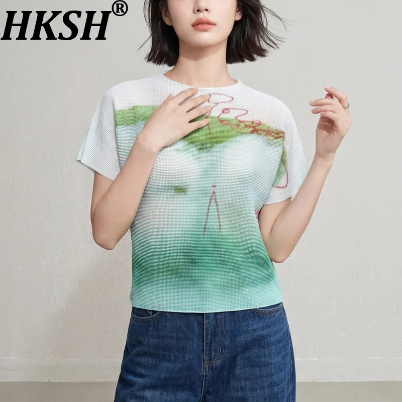 

HKSH Women T-shirt Pleated Gradient Printed O-neck Short Sleeve Versatile Elegant Tee Fashion Casual Top New Summer 2026 HK21940