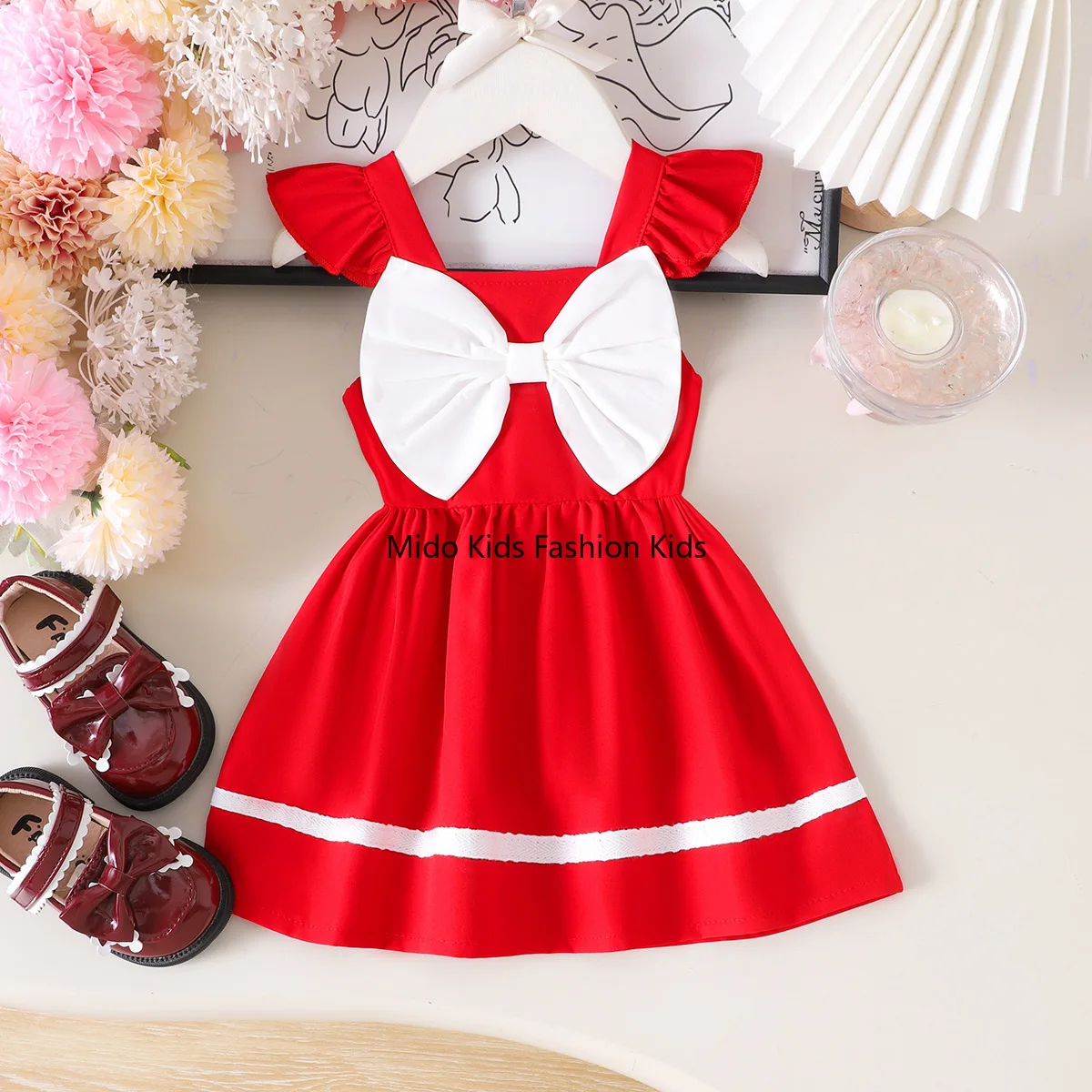 

Летнее платье для девочек 2026 с бантом и рукавами-крылышками, модное детское платье принцессы, красный сарафан, детская одежда для 6 месяцев - 3 лет