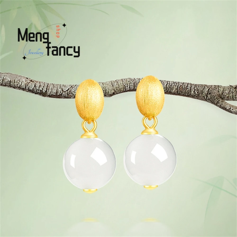 

S925 Silver Set With Natural Hetian White Jade Round Beads Earrings Luxury Quality Fashion Jewelry Exquisite Elegant Popular