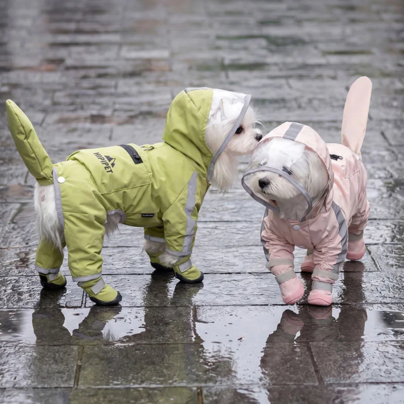 Waterproof Dog Raincoat Clear Transparent Hood Four-Legged Rain Jacket With Reflective Rain Shoes For Small Medium Dogs Outdoor