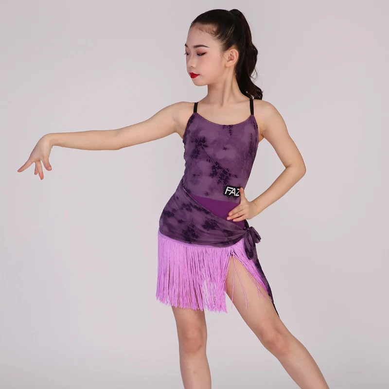 Traje profesional de baile latino Salsa Chacha para niños, vestidos morados con flecos para baile latino, ropa de entrenamiento para niños SL12470