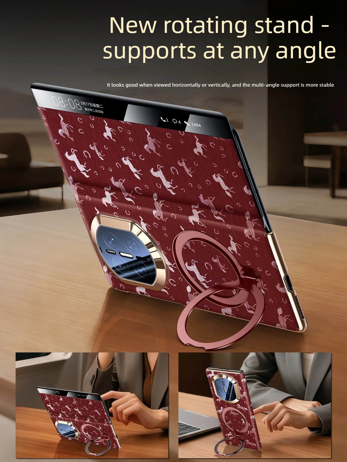 

For MagSafe Magnetic Phone Case for Huawei Mate X7 Case Genuine Leather New Year "Horse" Year Smart Flip Case Mate X6/X5Stand