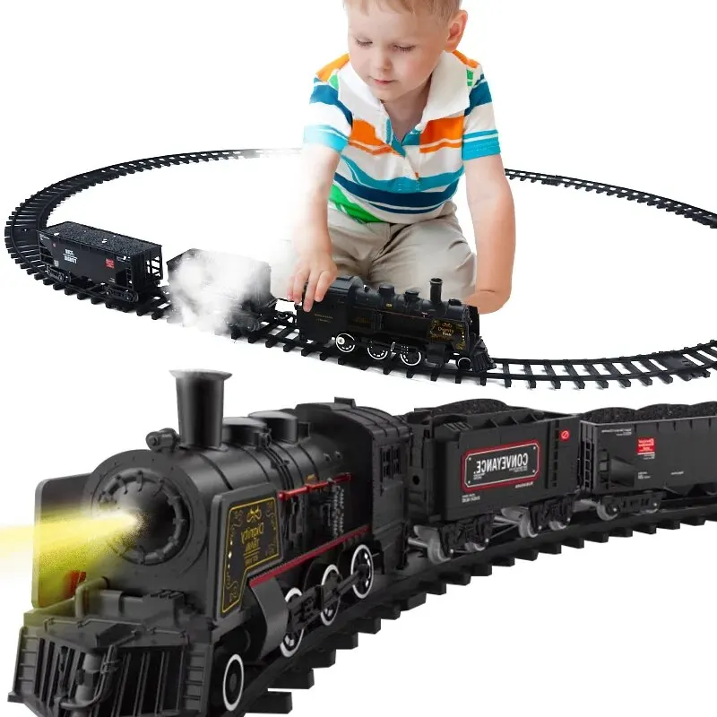 Juego de Tren Eléctrico, juguete con humo Luz y sonidos, juegos de trenes para niños con motor de locomotora de vapor, carruajes y pistas