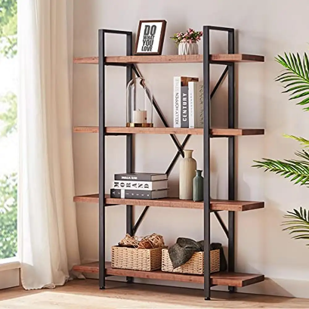 4 Tier Natural Wood Industrial Bookcase Rustic Solid Wooden Shelf Vintage Farmhouse Etagere Heavy Duty Office Bedroom Living