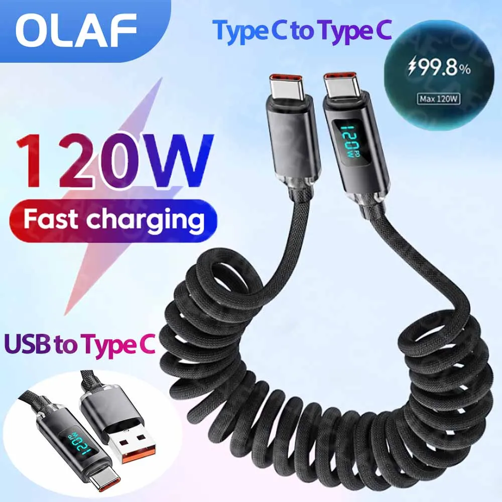 120W Type C to C Spring Charging Cable For iPhone 15 16 Xiaomi Samsung LED Digital Display Retractable USB to Type C Data Cable
