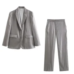 2024 Summer New Product Women's Fashion Versatile Metal Bright Face Casual Suit High Waist Straight Leg Pants Casual Set