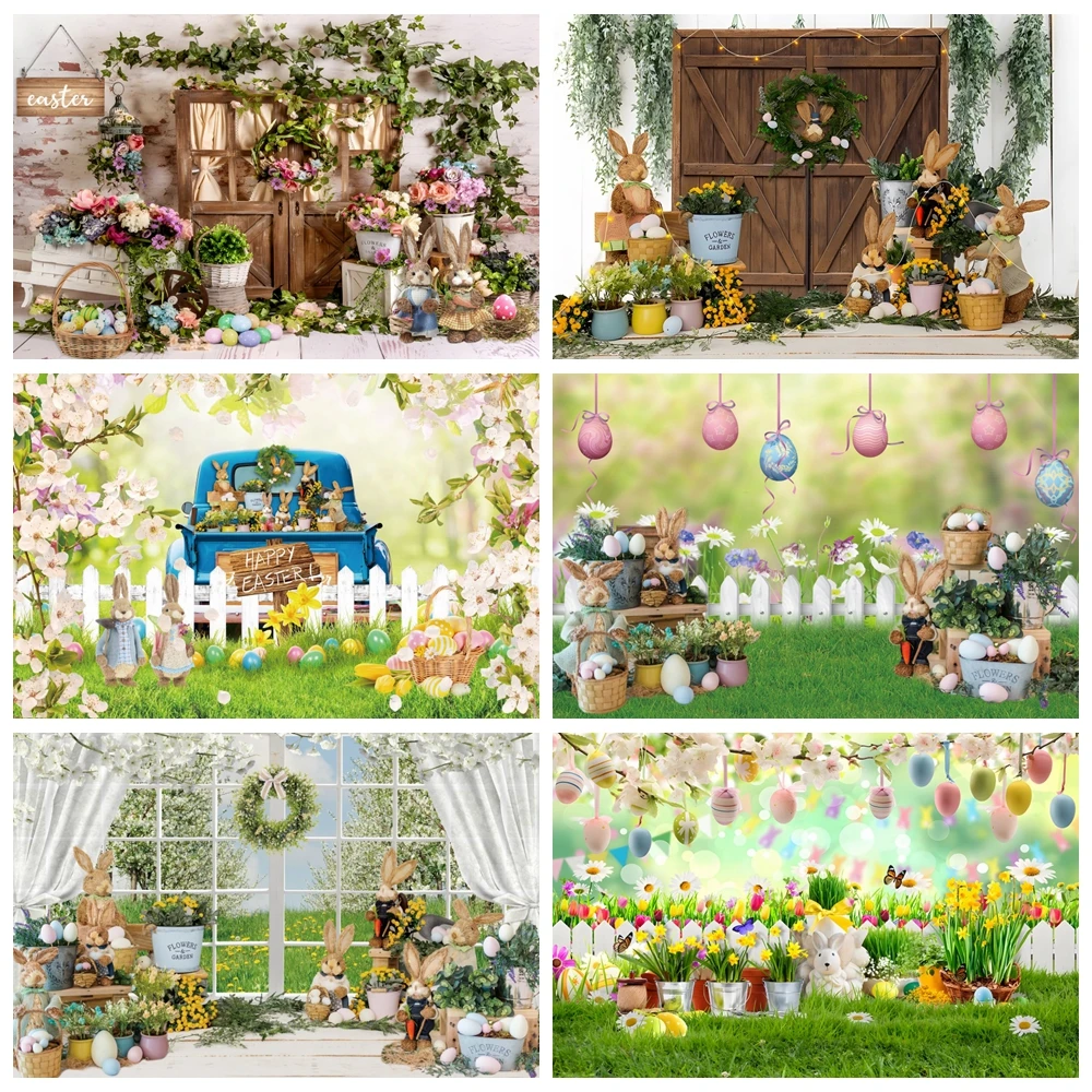 

Easter Backdrop for Photography Rabbits Flower Spring Garden Bunny Eggs Green Grass Lawn Children Portrait Photocall Background