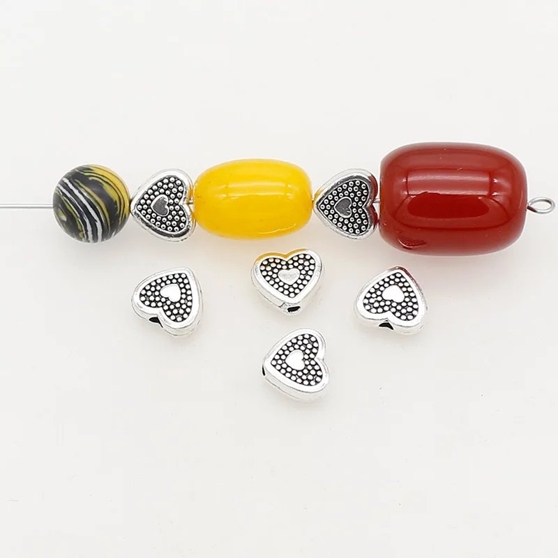 50pcs/Lot Pretty Dots Metal Heart Loose Beads 9x8mm Decoration Antique Retro Bracelets Beads Spacer Charms DIY Jewelry Materials