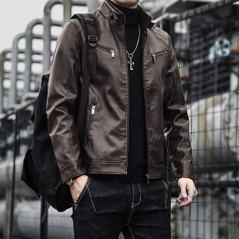 

New Fashion Men Stand Collar Locomotive Leather Jackets Moto Biker Pu Leather Coats Quality Male Autumn Slim Leather Jackets 5XL