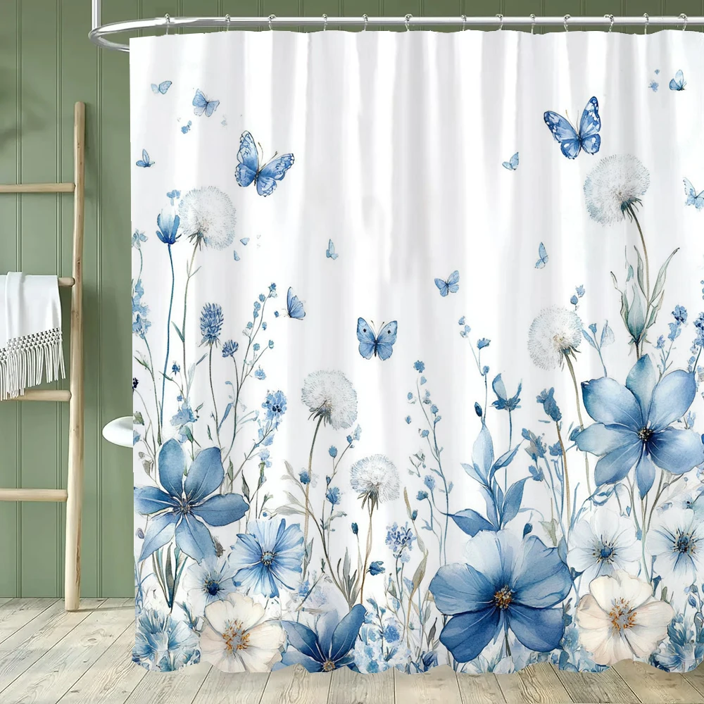 

1 шт. синяя занавеска для душа с цветами и бабочками, декоративная занавеска для ванной с цветочным и лиственным узором, полиэстеровая домашняя занавеска с крючками