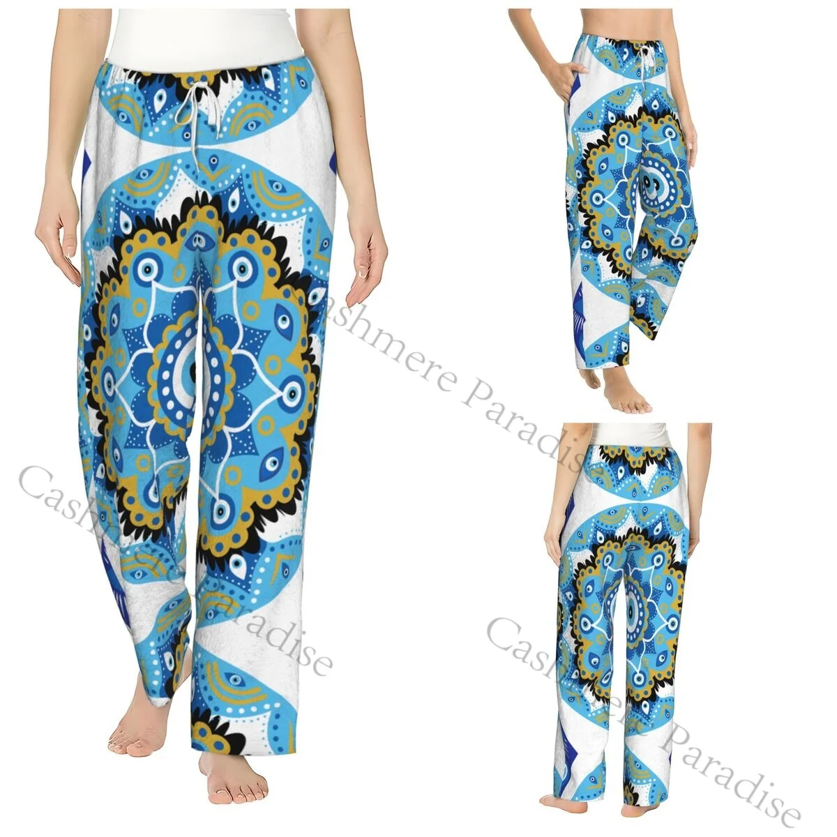 

Mediterranean Blue And Gold Evil Eye Warm Women Pajama Pants Flannel Sleep Bottoms Soft Fleece Loungewear