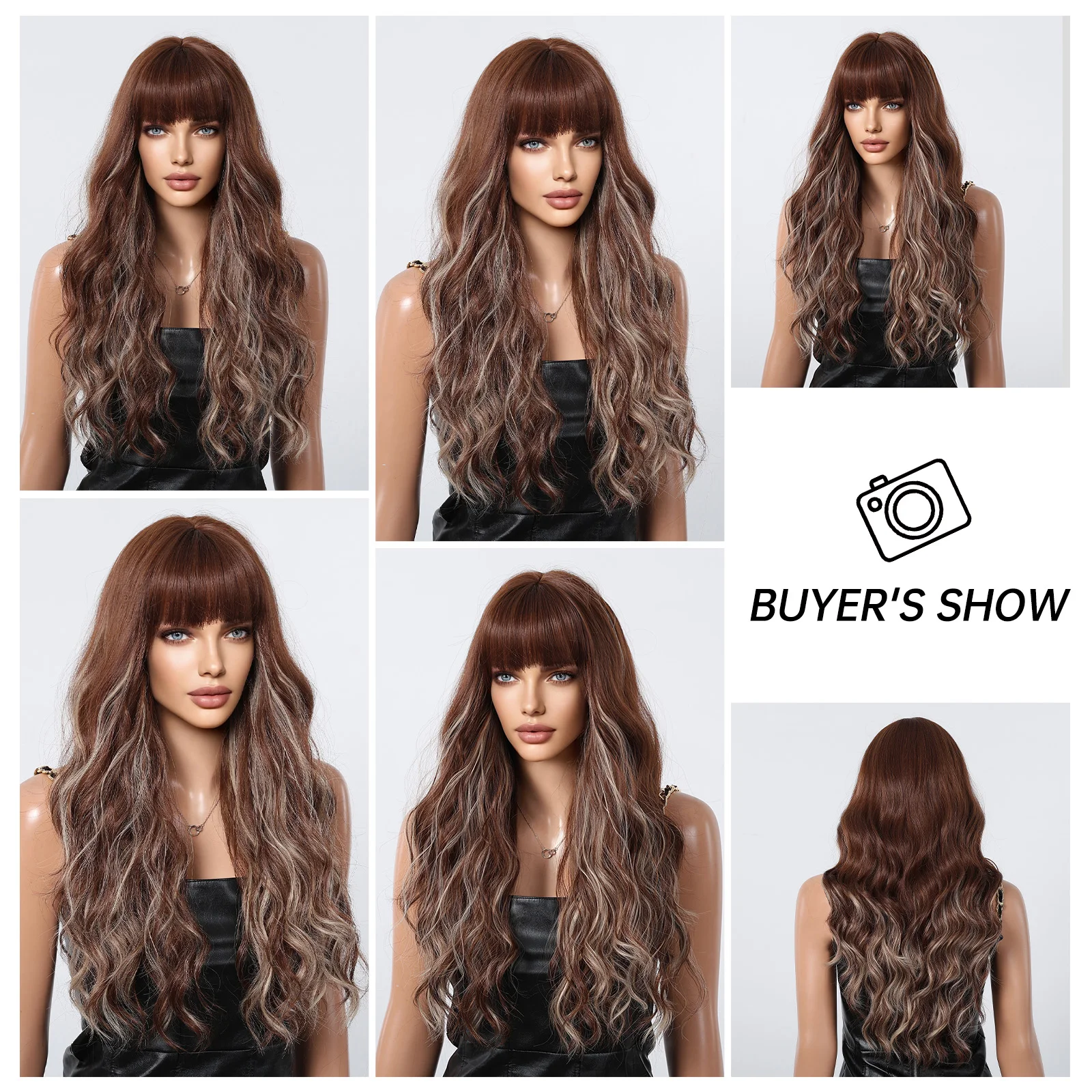 شعر مستعار طويل بني طبيعي كبير مموج مع غرة أشقر يسلط الضوء على شعر مستعار مموج للنساء شعر مستعار اصطناعي يومي بدرجة حرارة عالية #6