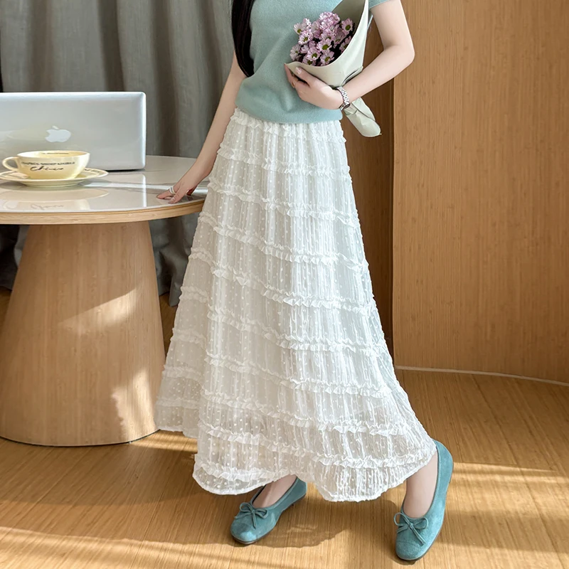 

White Midi A-Line Skirt Women's Spring Summer New Style Tulle Splicing Cake Skirt High Waist Polyester Fiber Woven Fabric