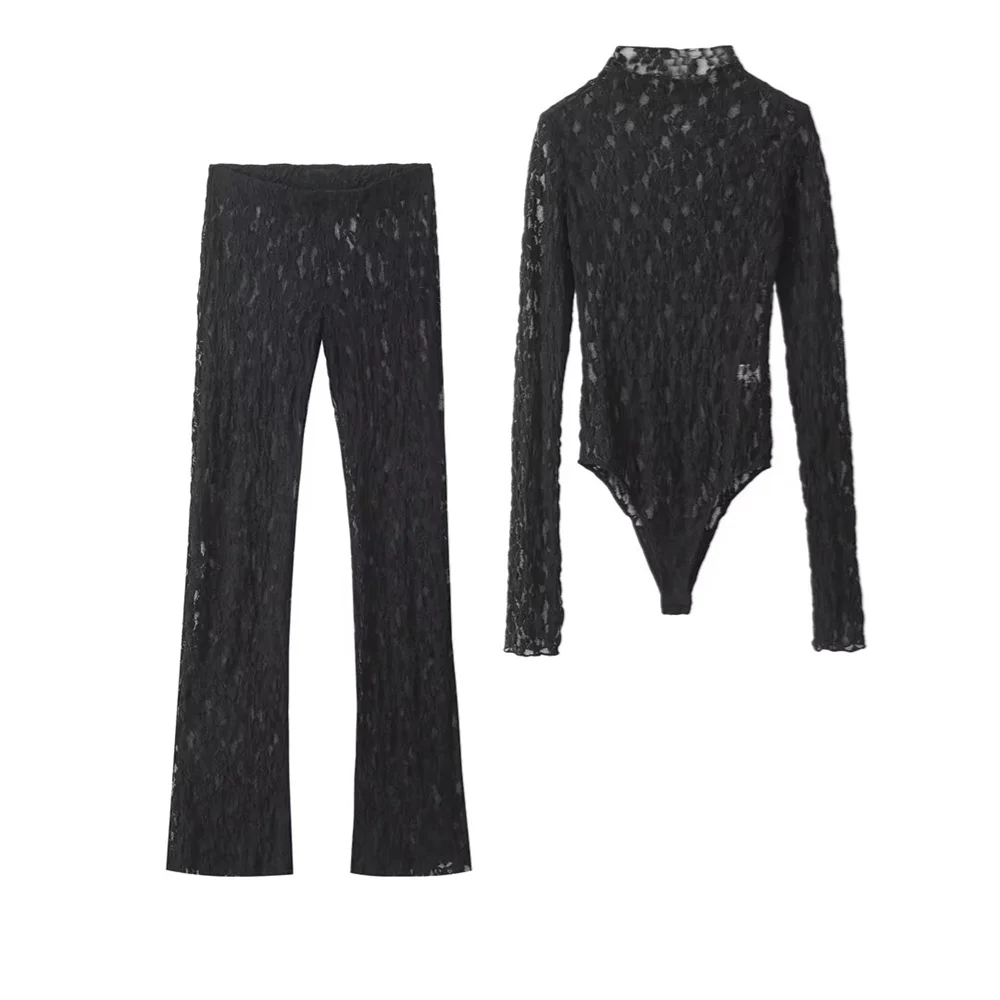 PB&ZA 2024 Spring New Women\'s Fashion and Elegance Lace jumpsuit with a slit design and lace leggings