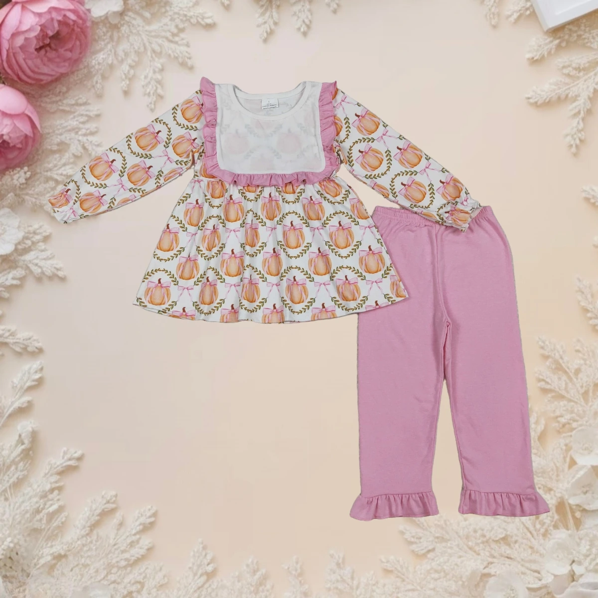 

Cute Toddler Girl Autumn Outfit Long Sleeve Top with Pumpkins Bows and Flame Patterned Pants Baby Clothing Set for Daily Wear