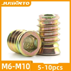 JUIDINTO 5-10pcs Wood Threaded Insert Nut M6-M10 Zinc Plated Hex Socket Drive Head Furniture Nuts Carbon Steel