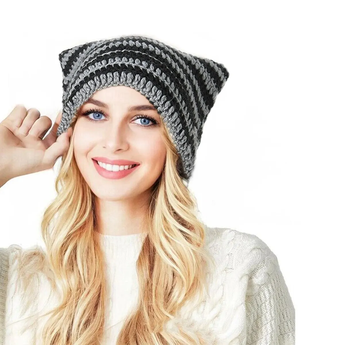 Crochet Hats for Women Men Cat Ear Bonnet Girl Knitted Lazy Style Punk Y2k Cute Slouchy Beanies Loose Fit Handmade Skullies Boys