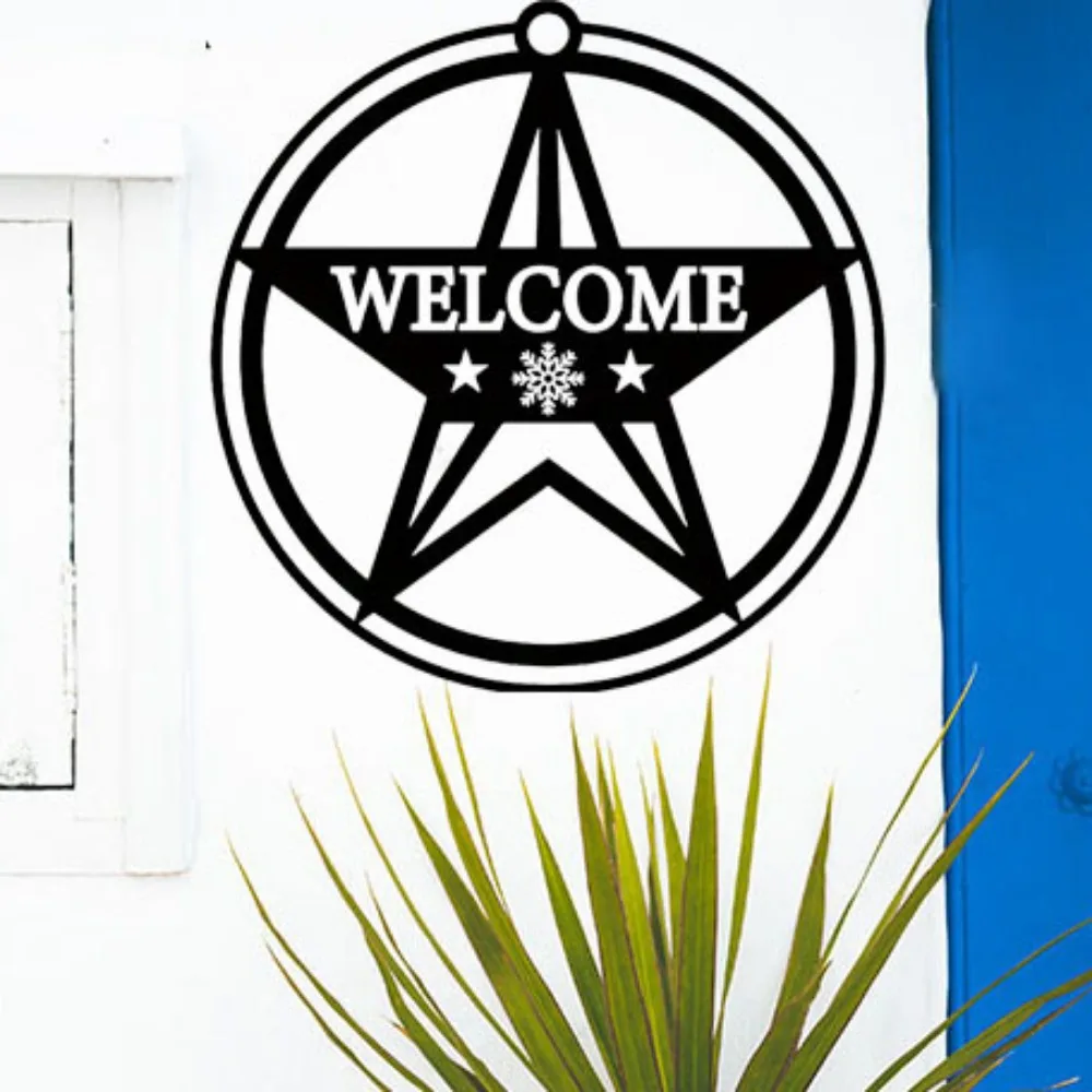 

Beautiful Classic Welcome Snowflake Stars Metal Wall Sign Boasting Detachable Custom Family Name Monogram for Event Decor