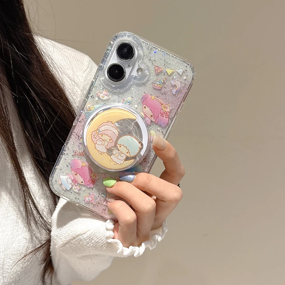 Custodia per telefono Cartoon Sanrios LittleTwinStars con glitter di lusso per IPhone 16 15 14 13 12 11 Pro Max Cover posteriore morbida anticaduta Funda