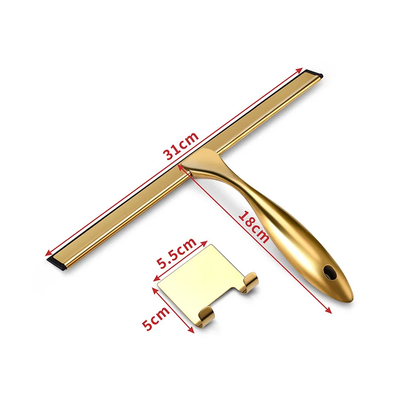 Gold Aluminum Shower Squeegee Window Glass Wiper Scraper Cleaner with Silicone Brush Hook Holder for Bathroom Kitchen Car Mirror