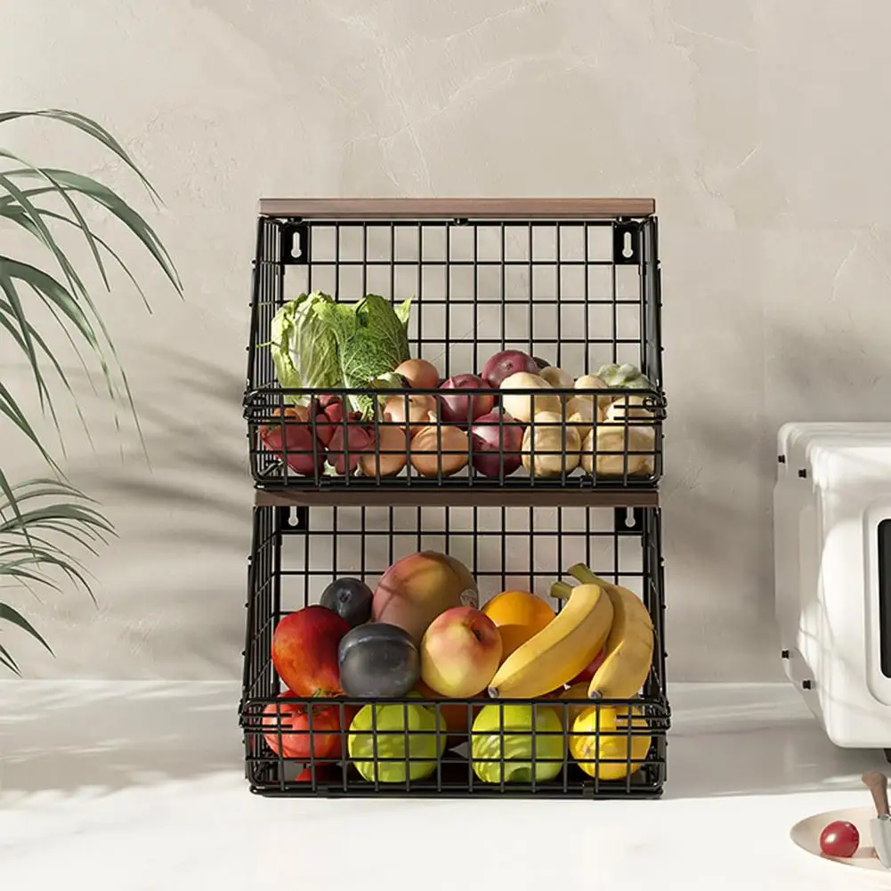 1 Set Vegetable Storage Basket Fruit Storage Basket Metal Wall-mounted Fruit Vegetable Organizer with Hooks Foldable for Spices