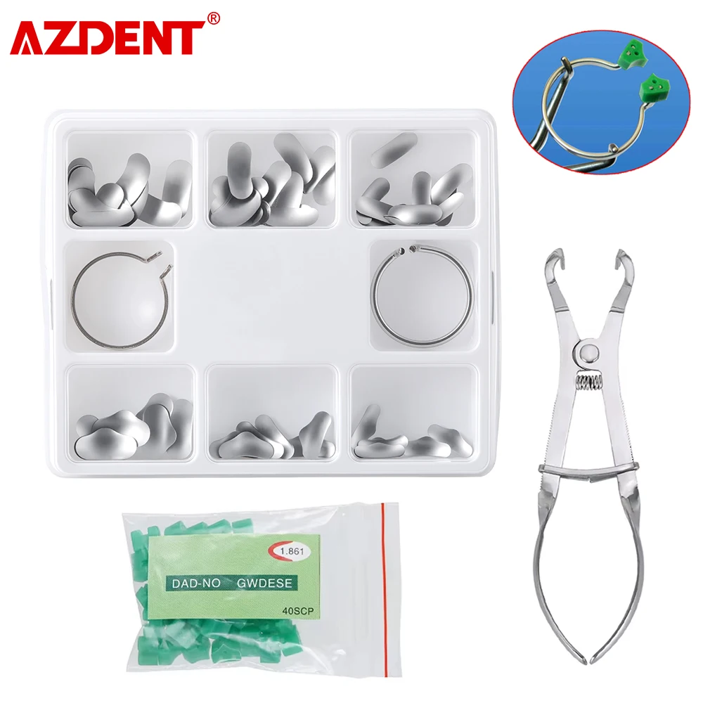 

AZDENT 100pcs Dental Matrix Sectional Contoured Metal Matrices / 40pcs Silicone Add-On Wedges / Dental Pliers