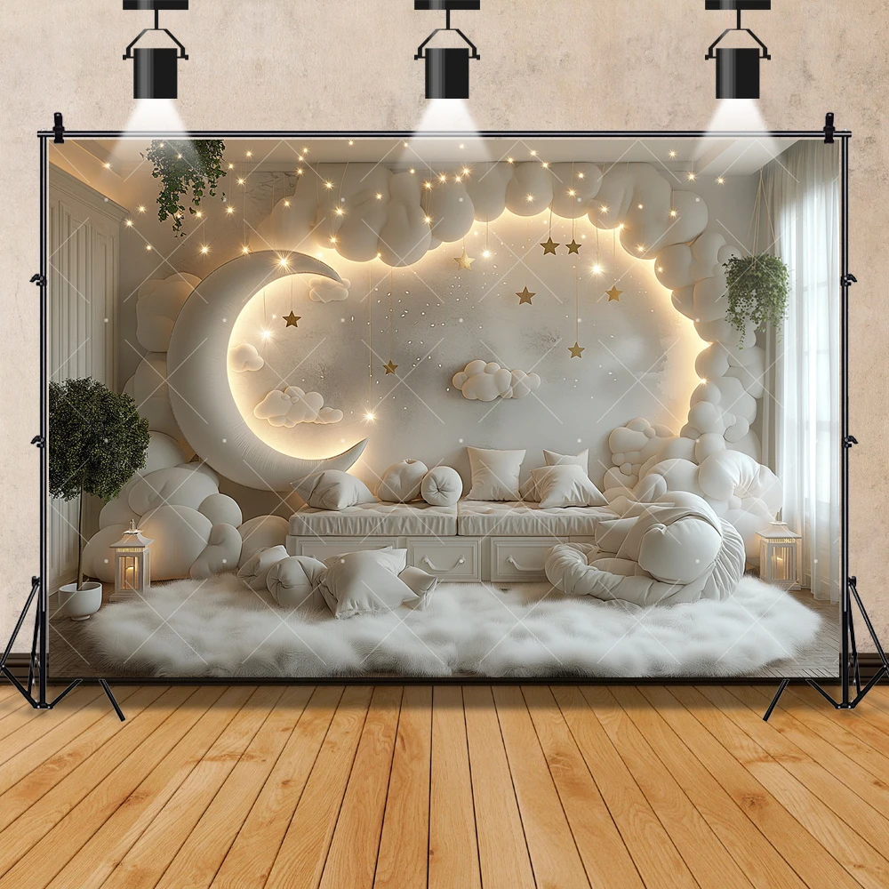 White Wall Backdrop Custom Cotton Cloud Moon Stars Decor Baby Shower Kids Birthday Portrait Photography Background Photo Studio