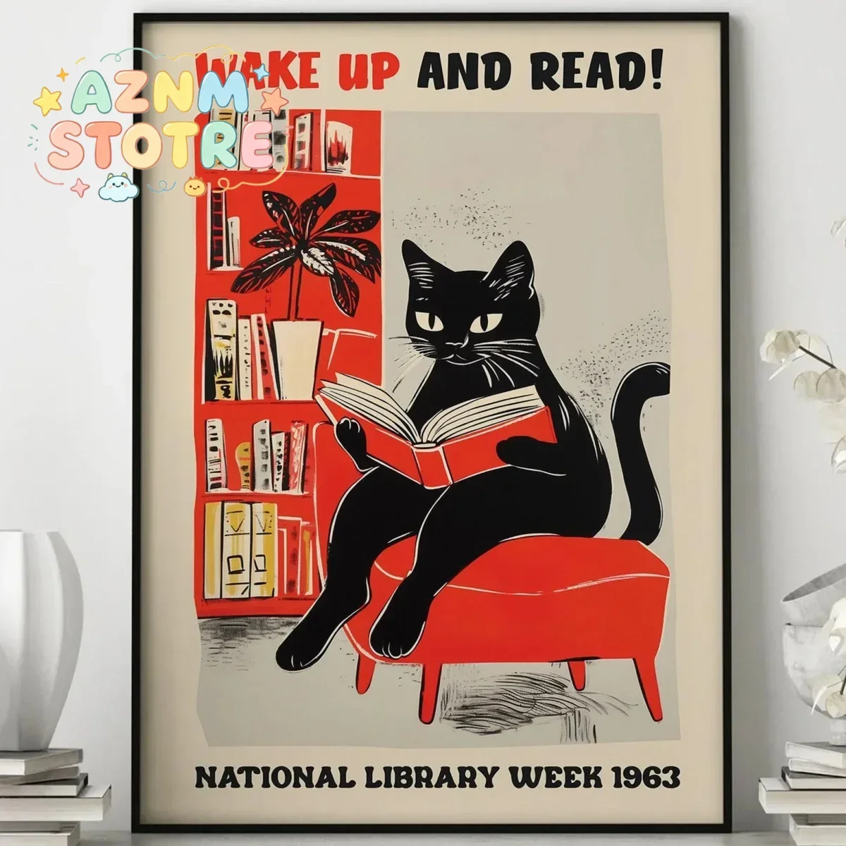 Verspieltes Katzen-Lese-Canvas-Print-Poster: „Wachen Sie auf und lesen“ – Lustiger Tier-Kunstdruck für Wohnzimmer, Schlafzimmer, Wandkunst, Heimdeko