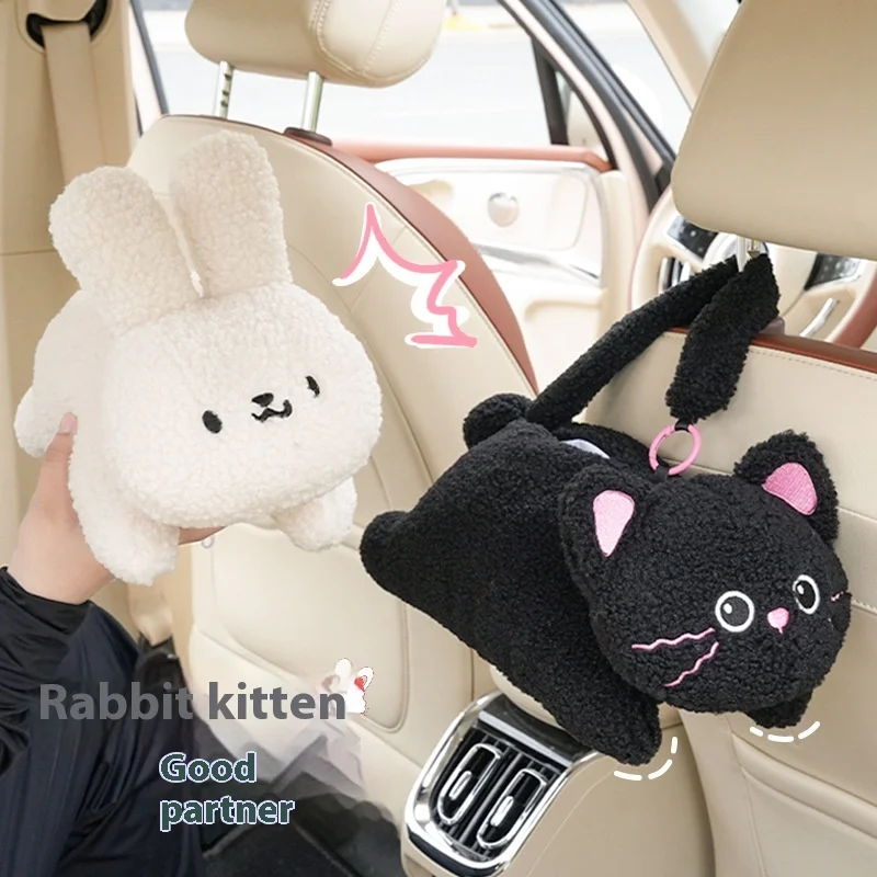 Boîte à mouchoirs montée sur voiture avec lapin en peluche, boîte d'accoudoir de voiture, jolie boîte à mouchoirs, adaptée à l'intérieur de la voiture