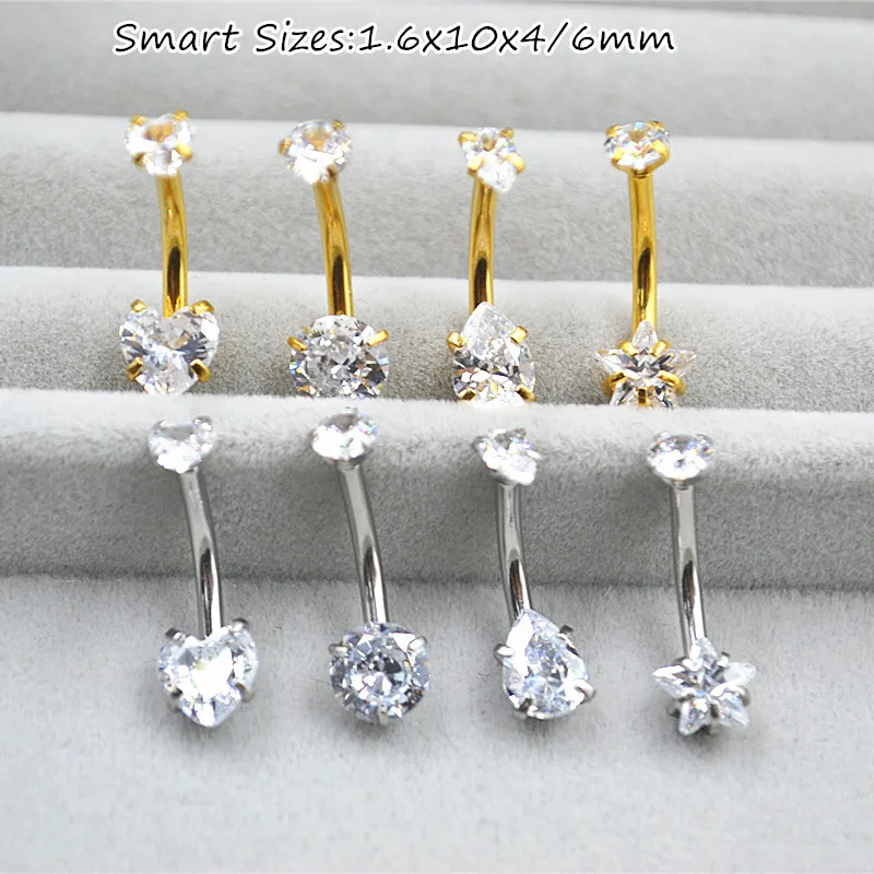 50PCS Surgical Steel Double CZ Smart1.6X10X4/6MM Navel Belly Ring Button Bar Internally Thread  Body Piercing Jewelry