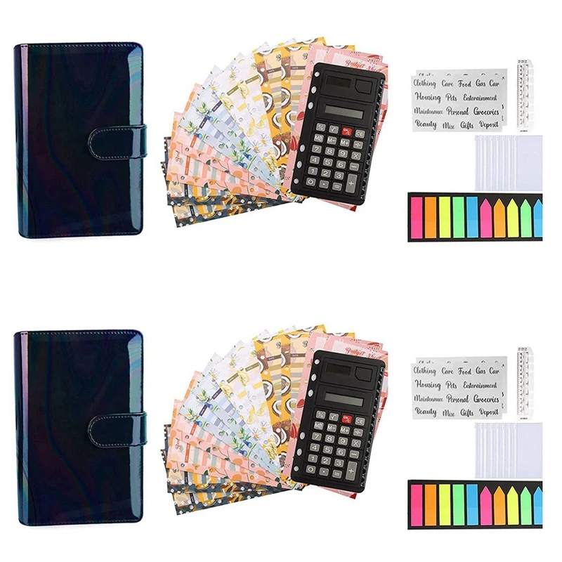 

2X A6 Budget Binder, With Zipper Envelopes,Calculator Card,PU Money Saving Organizer For Cash Stuffing Envelopes Binder