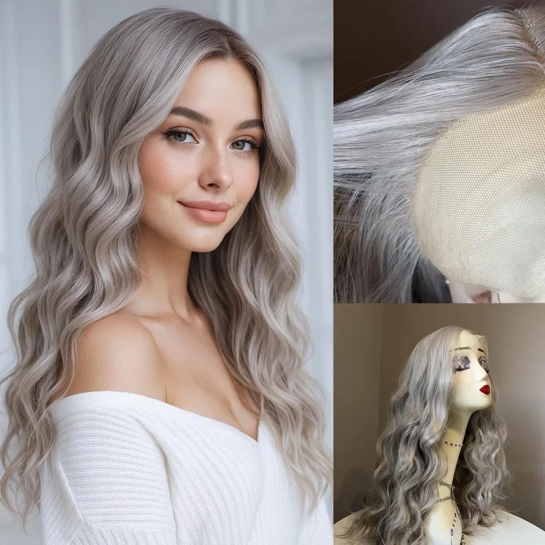 

Silver Grey Long Body Wave Lace Front Wig 13X4 HD PrePlucked Heat Resistant Glueless Synthetic Daily Cosplay For Women pelucas
