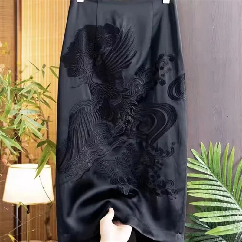 

Юбки для женщин, весенне-осенняя юбка в китайском стиле с трехмерной вышивкой, двухслойная юбка с разрезом на талии, поясная юбка 2025