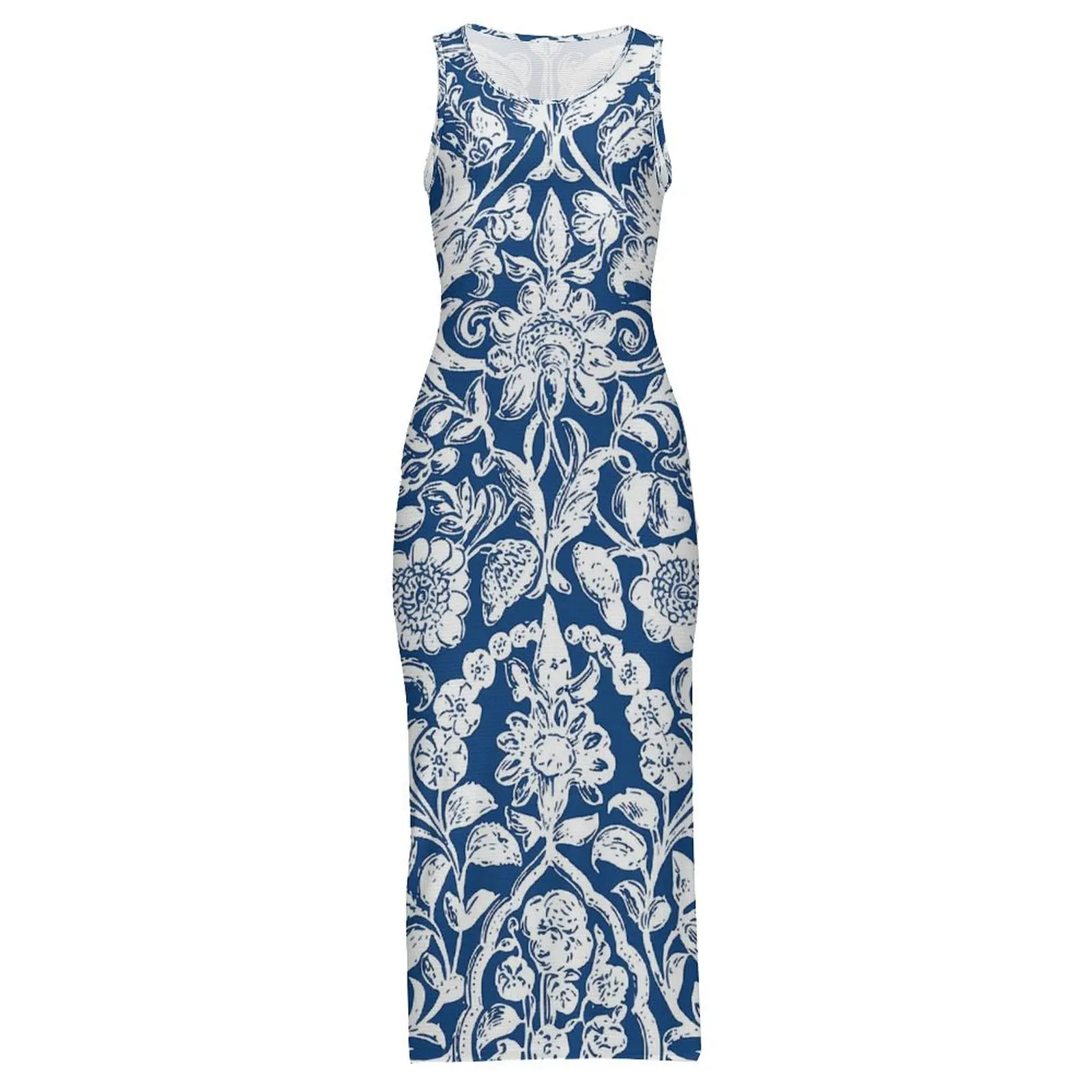 Antique Floral Dress Sleeveless Blue And White Casual Y2k Maxi Dresses Elegant Bodycon Dress Women Design Oversized Clothes