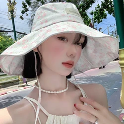 Isn Sweet Floral Lotus Leaf Edge Bucket Hat Spring and Summer Big Brim Sun Protection Show Face Small Cute Mori Czapki damskie