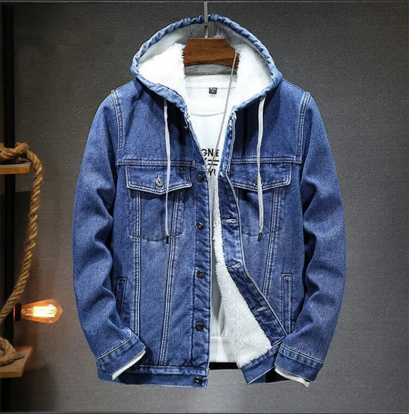 

New Thicker And Warmer Men's Hooded Denim Jacket Winter Lambswool Hooded And Padded Denim Jacket