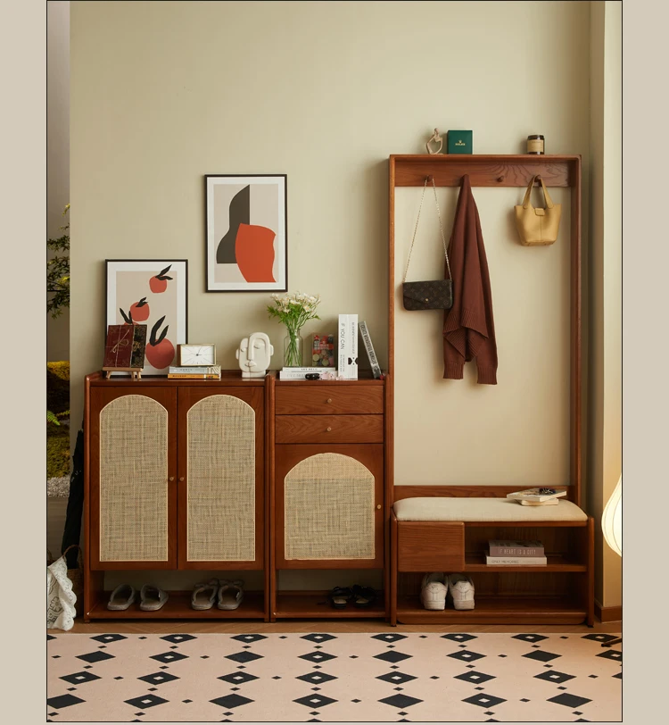 

Винтажный шкаф для обуви из массива дерева, плетеный из ротанга, крючки для одежды и головных уборов, настенное хранилище, небольшой размер блока