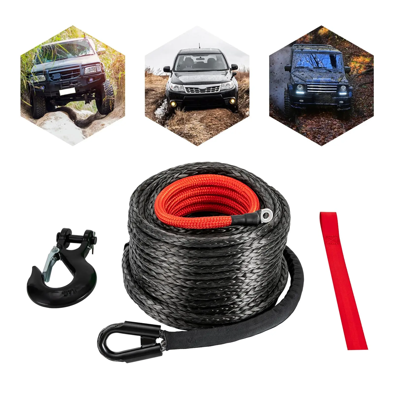 1/2インチ X92フィート 合成ウインチロープ フック付き 車牽引回収ケーブル 31,500ポンド破断強度 ウインチケーブル 保護スリーブ付き