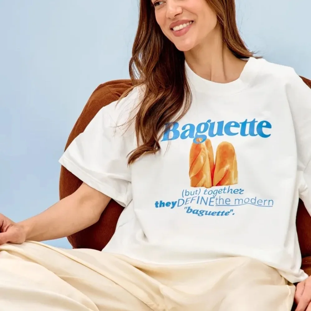 Baguette Print Loose T Shirt Cotton Crew Neck Short Sleeve Summer Casual Fashion Breathable Comfortable Women Top