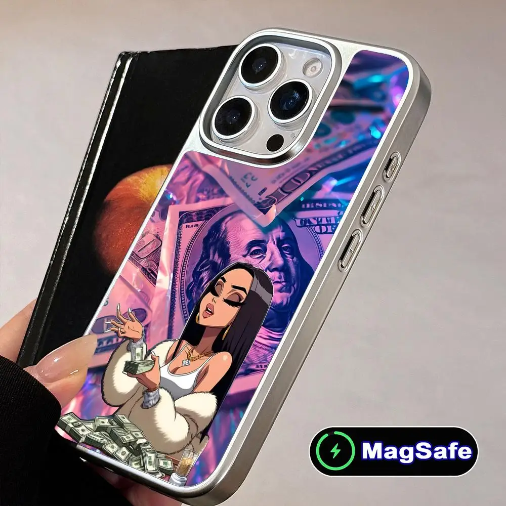 

Чехол для телефона с аниме-девушкой для iPhone 17 16 15 14 13 12 11 Air Pro Max Plus, с поддержкой MagSafe, серебристое покрытие, красочный, роскошный