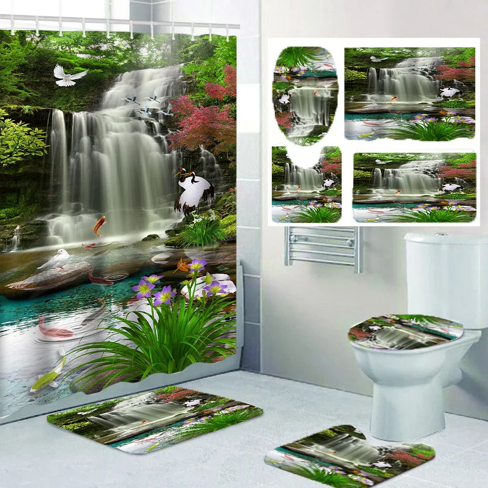 

1/4 Forest Waterfalls shower Curtains, Toilet Seat Decoration, Shower Curtain with Carpet and Toilet Lid, 12 70.8x70.8 inch Hook