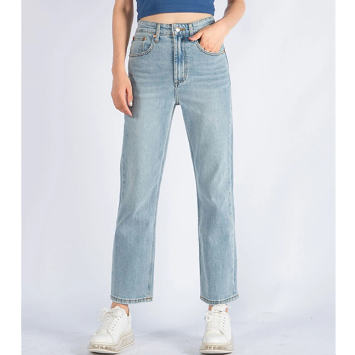 

Maxdutti Summer Cropped Jeans French Minimalist High Waisted Light Blue Stretch Straight Leg Denim Jeans For Women's Denim Pants