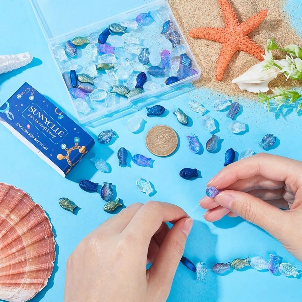 1 صندوق 90 قطعة حبات الأسماك الأسماك الزجاج الخرز السائبة مطلي متجمد الأسماك الزرقاء الحيوان حبة الصيف البحر المحيط الحيوانات