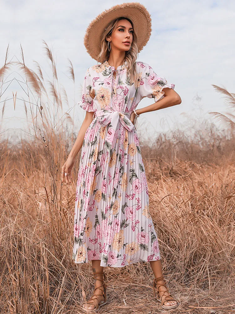 Msfilia Summer Printed Ruffle Short Sleeve Double Drawstring Pleated Dress A Line All Match Fashion Long Women image 5