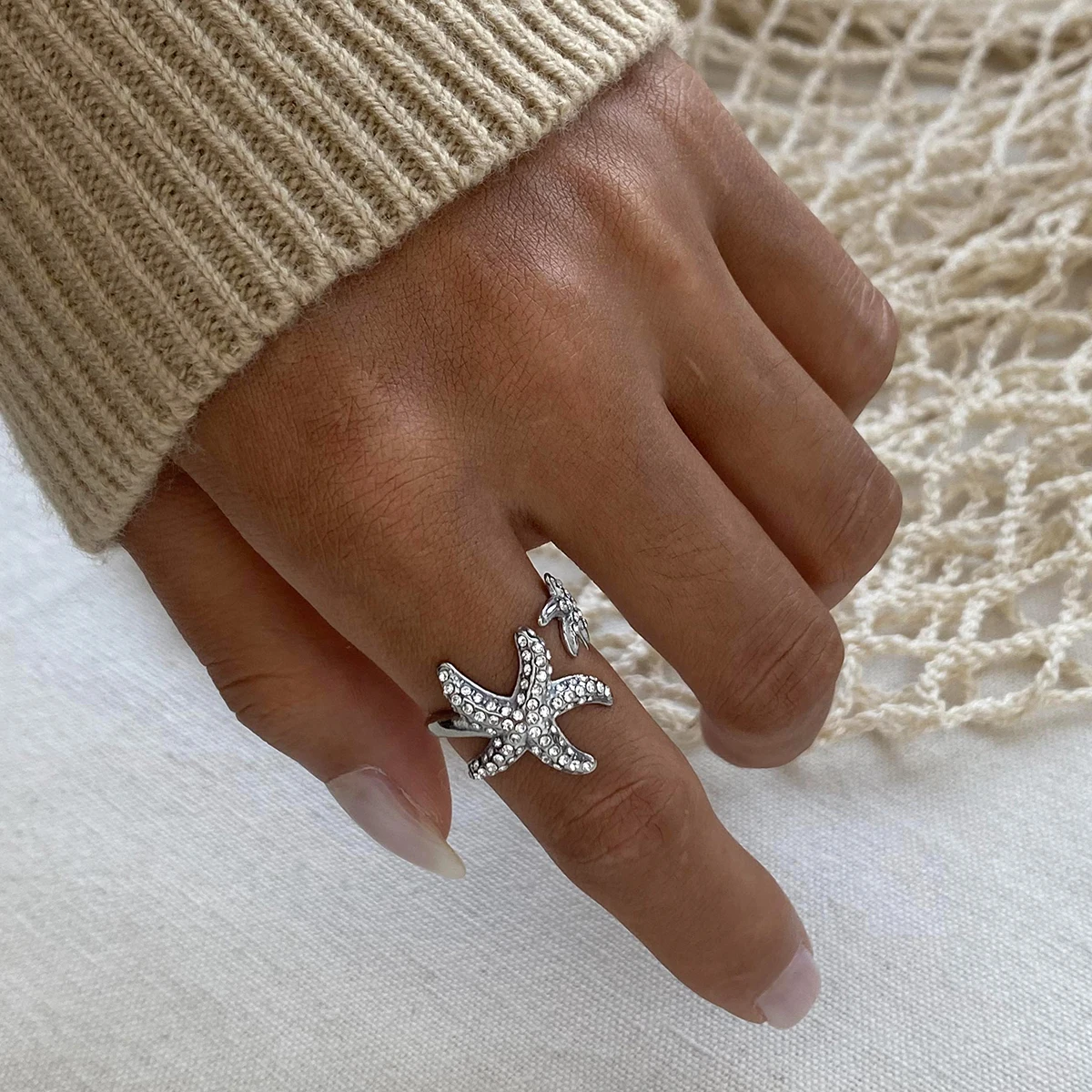 18K PVD Gold Plated Minimalist Rust Proof White Zirconia Starfish Ocean Opening Ring ​​​​Anti Allergic Women Waterproof Jewelry